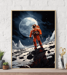 Astronaut Walking on Moon Orange Suit Canvas Wall Art Print