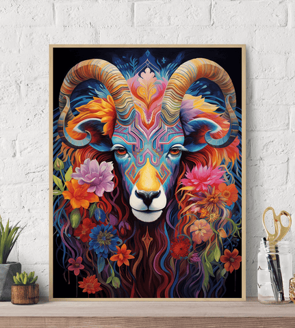 Mystical Ram Floral Canvas Wall Art Print