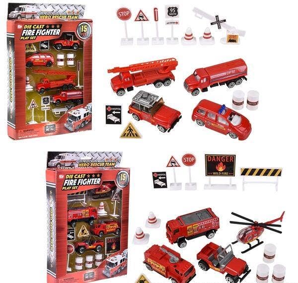 15PC DIE-CAST FIRE FIGHTER PLAY SET LLB Car Toys