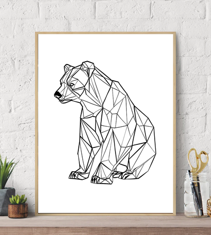 Geometric Lines Sitting Bear Canvas Wall Art Print