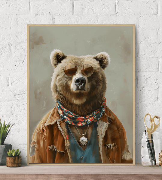 Hippie Bear Fashion Canvas Wall Art Print