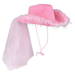 Pink Cowgirl Veil Hat With Feathers - LLB Toys