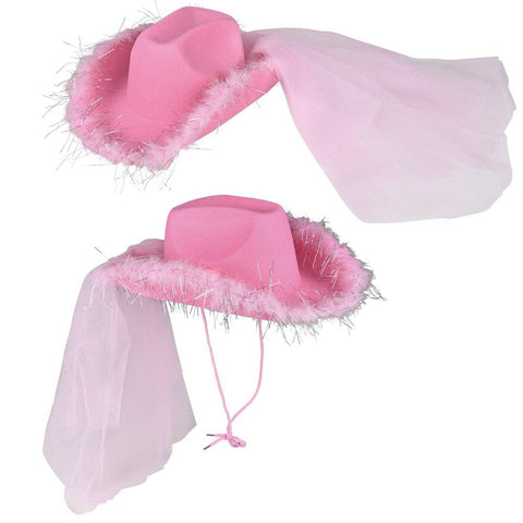 Pink Cowgirl Veil Hat With Feathers - LLB Toys