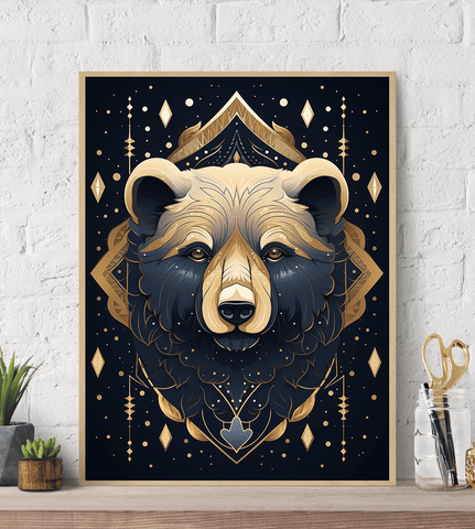 Mystical Bear Illustration Geometric Canvas Wall Art Print