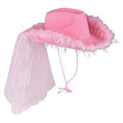 Pink Cowgirl Veil Hat With Feathers